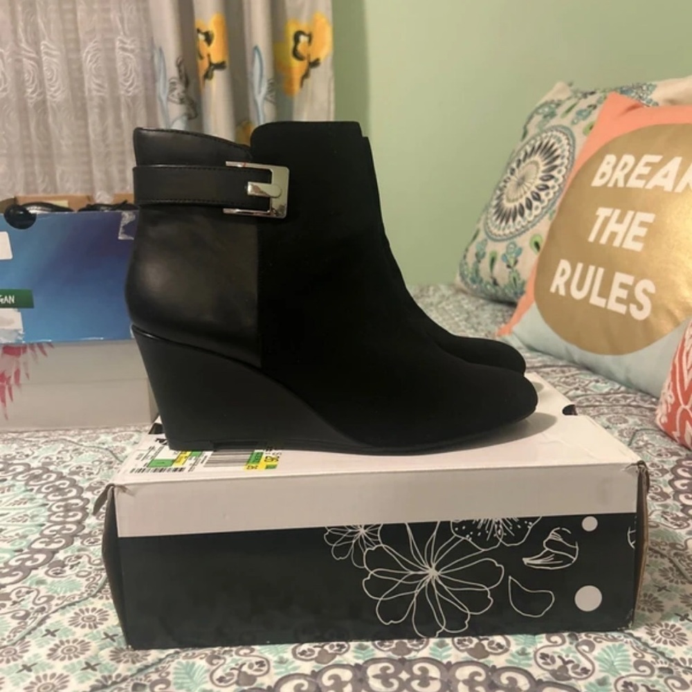 Impo Black Wedge Ankle Boots with Silver Buckle